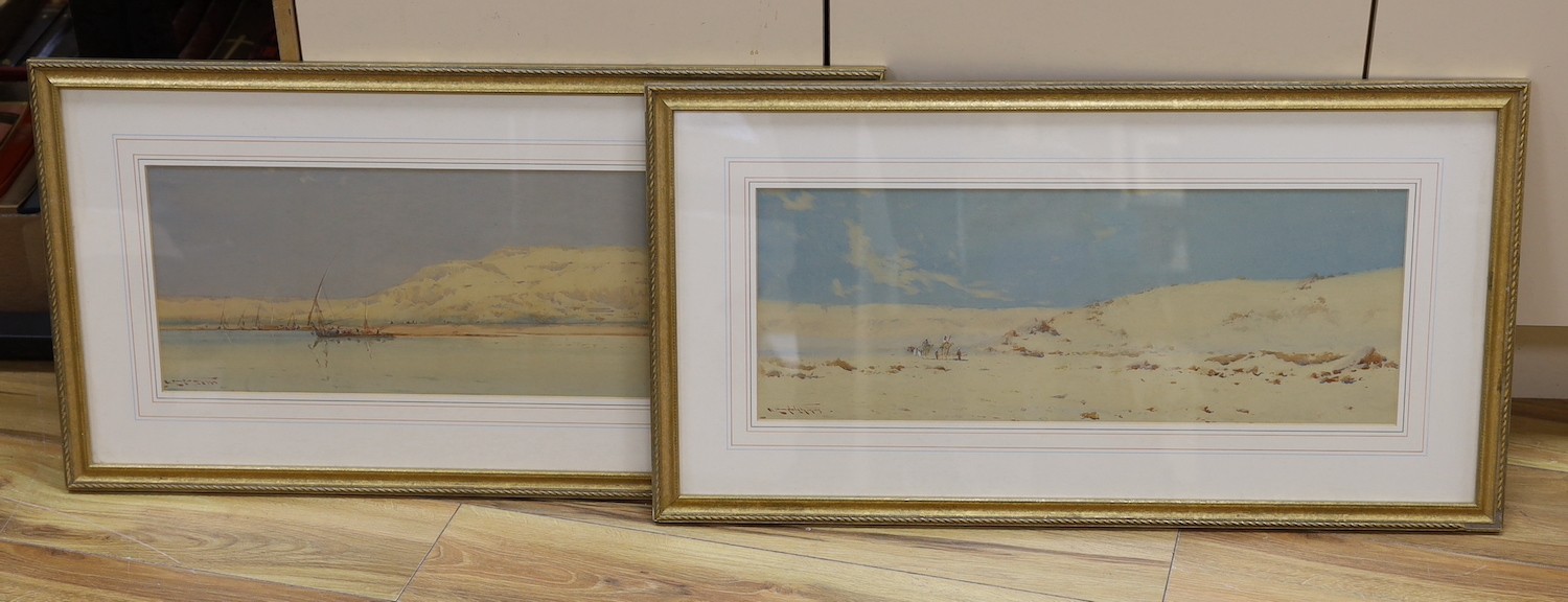 Augustus Osborne Lamplough, A.R.A., R.W.S (1877-1930), pair of watercolours, Dhows along The Nile and Camel train in the desert, signed, 23 x 61cm